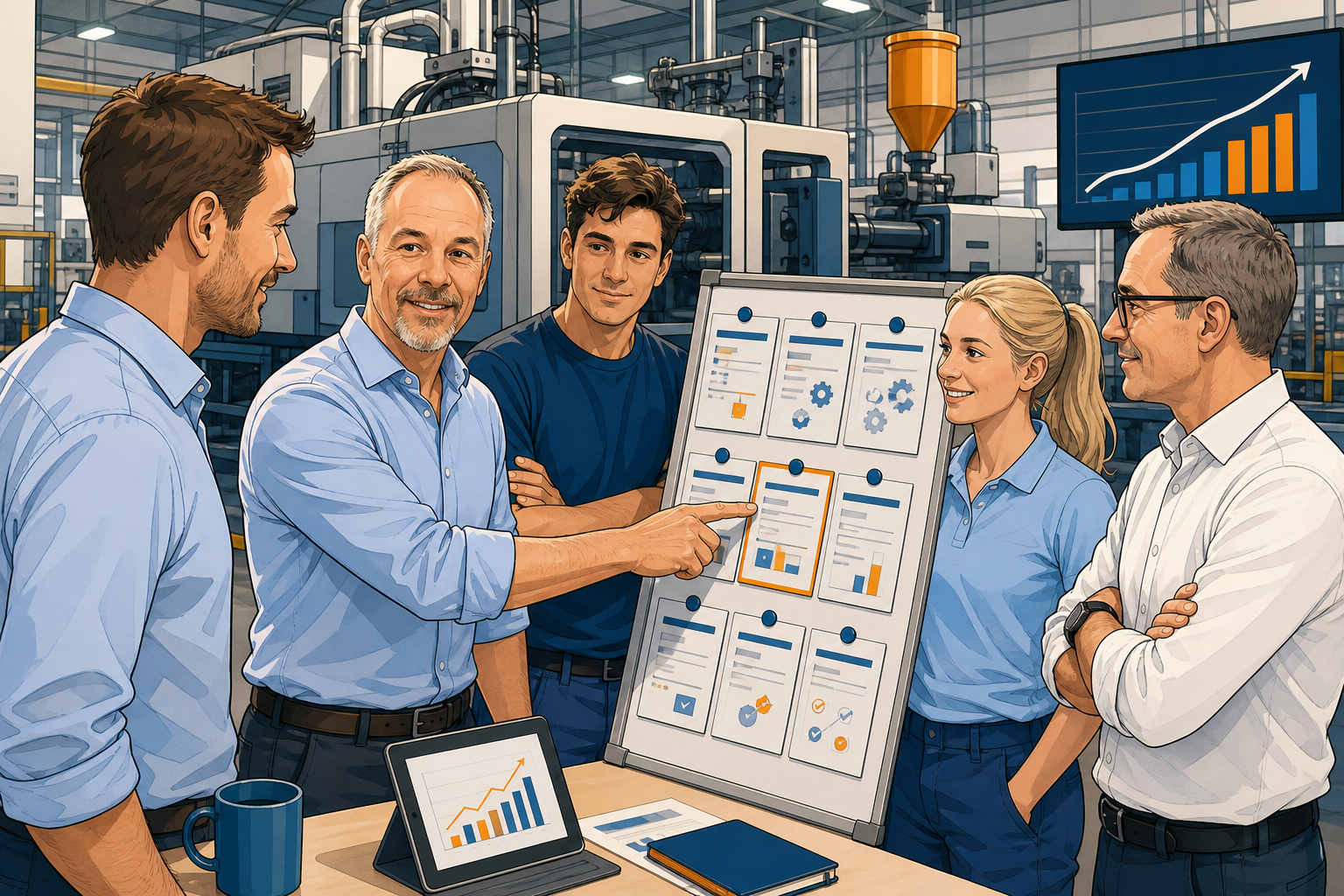 A team in a plastics production facility discusses an idea board at an injection molding machine.
