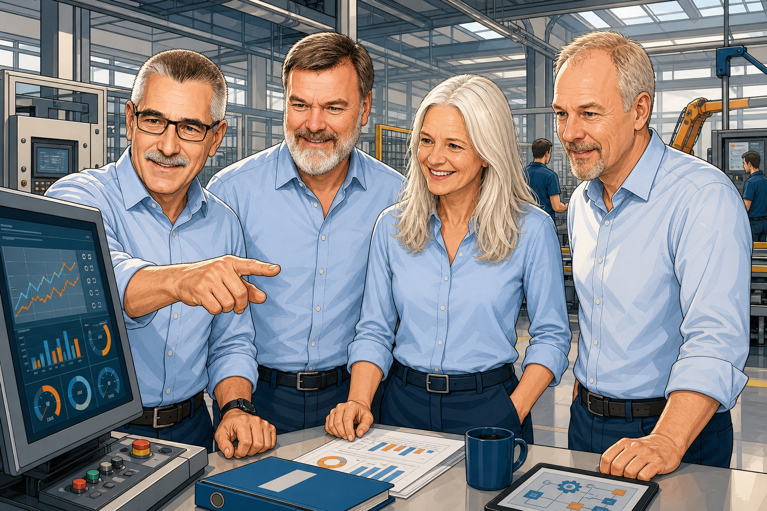 Team prüft stabile Werte an einer wieder laufenden Produktionsanlage.